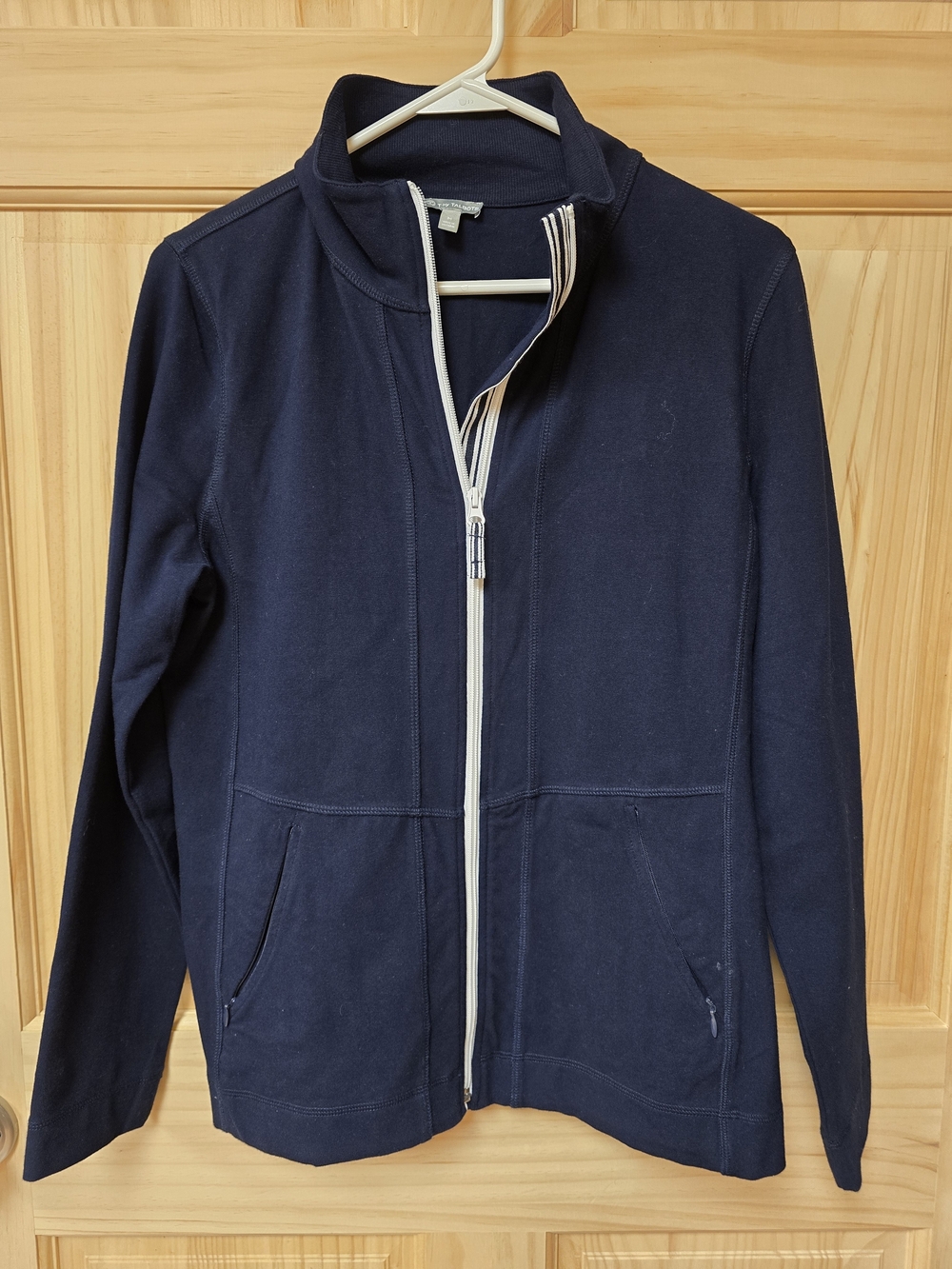Talbots Navy Zip-Front Shirt Jacket with White Contrast Zipper
